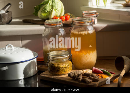 Cuisine bio. l'eau du kéfir, choucroute, kimchi, gingembre, curcuma, piment, chou, tomates, citrons, l'ail, pamplemousse. bonebroth Banque D'Images