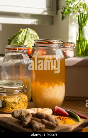 Cuisine bio. l'eau du kéfir, choucroute, kimchi, gingembre, curcuma, piment, chou, tomates, citrons, l'ail, pamplemousse. bonebroth Banque D'Images