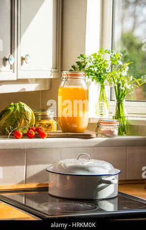 Le kéfir d'eau faits maison et de la choucroute, des prébiotiques et probiotiques qui favorisent la santé des intestins et améliorer le système immunitaire. avec des légumes biologiques Banque D'Images