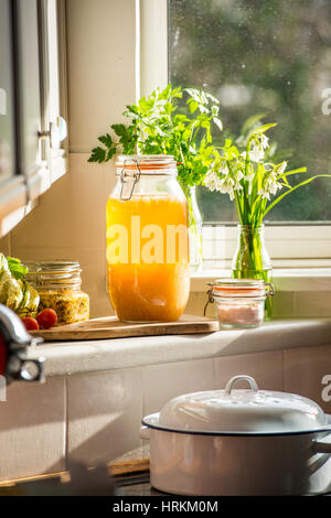 Le kéfir d'eau faits maison et de la choucroute, des prébiotiques et probiotiques qui favorisent la santé des intestins et améliorer le système immunitaire. avec des légumes biologiques Banque D'Images