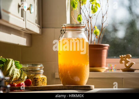 Le kéfir d'eau faits maison et de la choucroute, des prébiotiques et probiotiques qui favorisent la santé des intestins et améliorer le système immunitaire. avec des légumes biologiques Banque D'Images