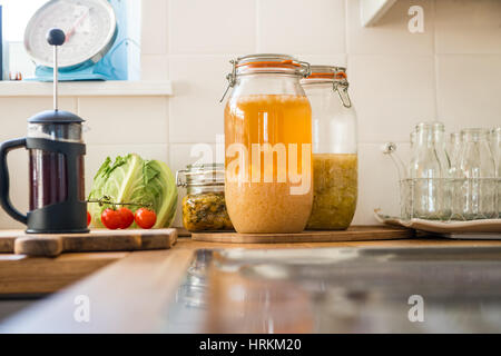 Le kéfir d'eau faits maison, kimchi et la choucroute, les prébiotiques et probiotiques qui favorisent la santé des intestins et améliorer le système immunitaire Banque D'Images