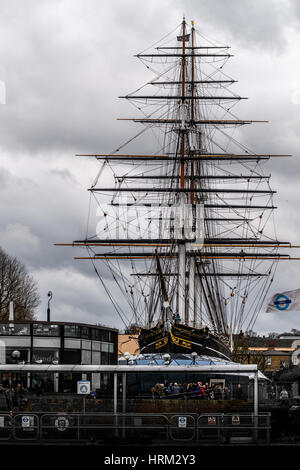 Cutty Sark vu de Greenwich Pier, Londres. Banque D'Images