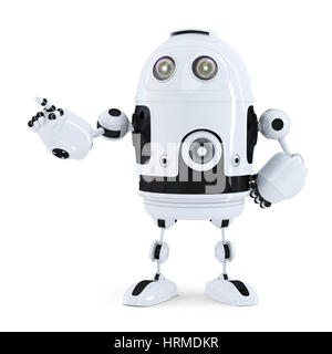 Robot mignon pointant sur quelque chose. Isolé sur fond blanc Banque D'Images