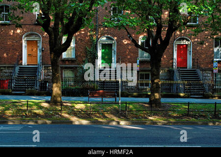 La couleur des portes dans une rue de Dublin en rouge, jaune et vert. Banque D'Images