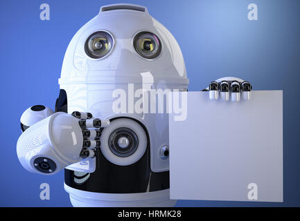 Robot-holding a Blank Board pour le texte ou la publicité. Isolé sur blanc. Contient clipping path Banque D'Images