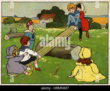 Meubles anciens c1890 French Children's book illustration, See-Saw Margery Daw. Banque D'Images