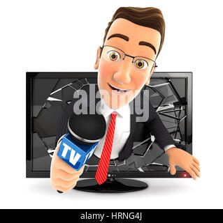 Homme d 3d avec microphone venant de la télévision, illustration avec fond blanc isolé Banque D'Images