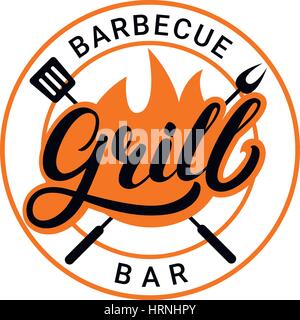 Grill barbecue bar logo lettrage écrit à la main, l'étiquette, d'un insigne ou un emblème avec le feu. Illustration de Vecteur