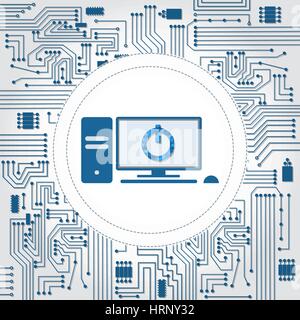 Circuit électronique arrière-plan. PC avec le bouton d'arrêt, sur l'écran. Illustration de Vecteur
