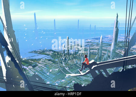 Vue aérienne avec l'homme assis sur le bord du bâtiment à la ville futuriste à,illustration peinture Banque D'Images