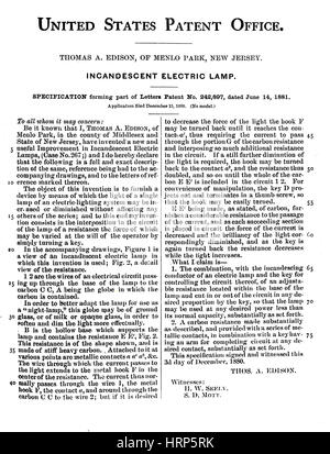 Lampe électrique à incandescence d'Edison, 1881 Brevets Banque D'Images