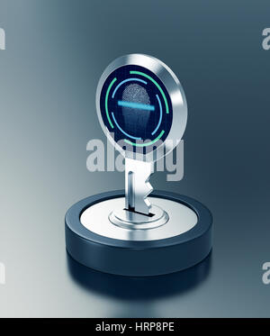 Clé avec lecteur d'empreintes digitales, concept de sécurité cybernétique (rendu 3d) Banque D'Images