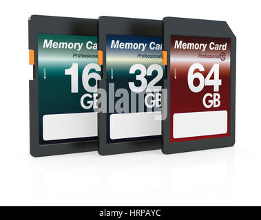 Trois cartes mémoire de différentes capacité de stockage (rendu 3d) Banque D'Images