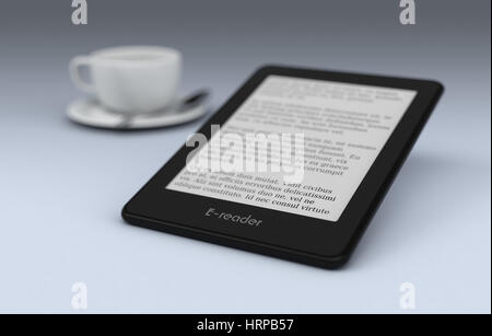 Ebook Reader avec une tasse de café sur l'arrière-plan, est le texte Lorem Ipsum (rendu 3d) Banque D'Images
