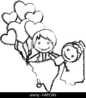 Dessiné à la main avec silhouette floue couple marié et de ballons de coeurs Illustration de Vecteur