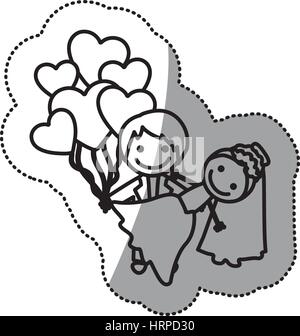 Autocollant dessiné à la main avec silhouette couple marié et de ballons de coeurs Illustration de Vecteur