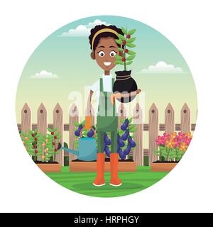 Agricultrice africaine de l'eau et des plantes peuvent jardin clôture Illustration de Vecteur