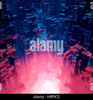 Réaction de fusion ville / 3D illustration de la science-fiction futuriste chaude lueur gazeux au-dessus de la ville Banque D'Images