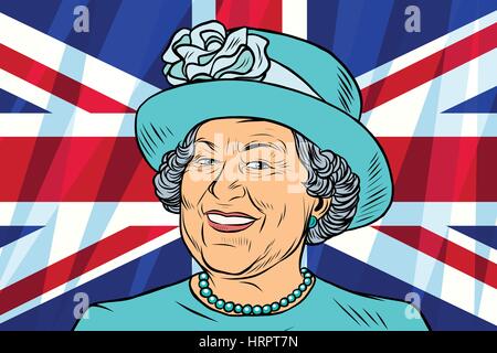 Elizabeth II Reine du Royaume-Uni, le Canada, l'Australie et la Nouvelle-Zélande. Pavillon britannique. Vintage comics dessins animés pop art retro vector illustration Illustration de Vecteur