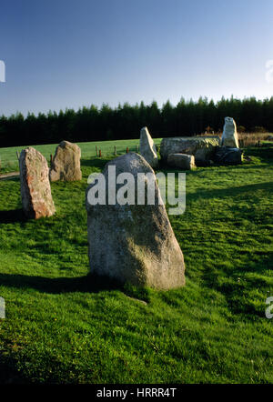 Le sud-est de l'arc de cercle de pierre couchée Aquhorthies Pâques, Aberdeenshire, montrant les gisants flanqueurs &, plus 3 des 9 pierres cercle endiguée. Banque D'Images