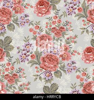 Motif floral brodé transparent. Roses de luxe, vintage couleurs sur paisley ornement. Illustration de Vecteur