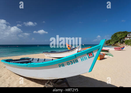 Corbeau de YOLA peint de couleurs vives, LES BATEAUX DE PÊCHE BATEAU CRASH BEACH PORTO RICO AGUADILLA Banque D'Images