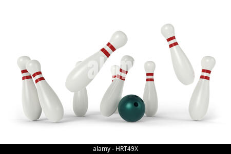 Boule de bowling s'écraser sur les broches sur fond blanc le rendu 3D Banque D'Images