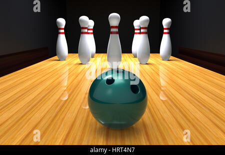 Des quilles dans un bowling lane avec rendu 3D ball Banque D'Images