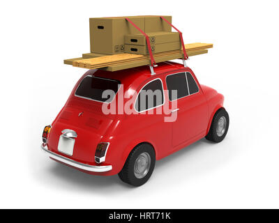 Petite voiture rouge, avec des cases sur le toit sur fond blanc le rendu 3D Banque D'Images