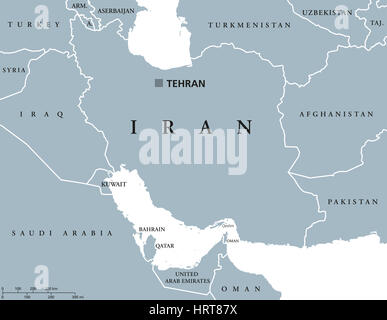 Carte politique de l'Iran à Téhéran, capitale des frontières nationales et des voisins. République islamique, également appelé la Perse. L'état et le pays de l'Asie occidentale. Banque D'Images