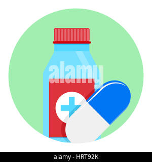 Icône médecine app. Comprimés et gélules de médicaments, de l'emblème et l'étiquette du médicament. Vector illustration Banque D'Images