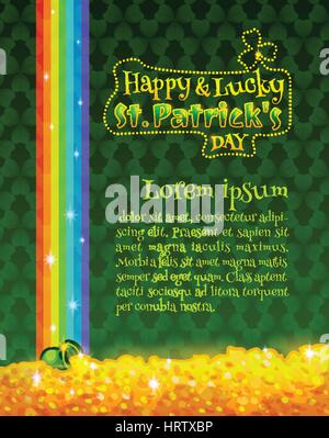 Heureux et chanceux St Patricks Day Greeting Card ou modèle d'affiche. L'élément de conception de scénario. Pot vert avec des pièces d'or, trésor de lutins à la fin Illustration de Vecteur