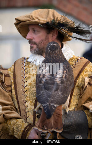 Fauconnerie à la fête médiévale avec divers oiseaux de proie dans le centre historique de la ville de Taggia en Ligurie (Italie) Banque D'Images