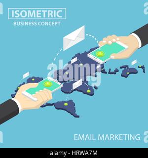 Homme d'isométrique mains holding smartphone l'envoi d'e-mails, email marketing, communication concept technologique Illustration de Vecteur