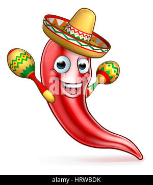 Un piment rouge mexicaine personnage coiffé d'un sombrero et maracas holding Banque D'Images