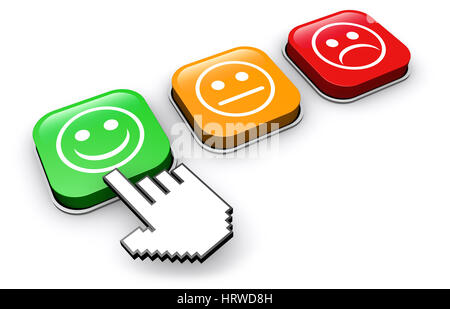 Commentaires des clients heureux concept avec part en cliquant sur le bouton de la qualité de l'entreprise positive 3D illustration. Banque D'Images