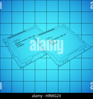 Bplueprint CPU sur grille, contour noir. Le rendu 3D Banque D'Images