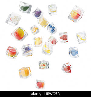 Les fruits congelés dans ice cube, ice cube en vue de face, seul glaçon isolé sur fond blanc, 3D Rendering Banque D'Images