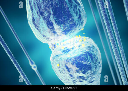 Les signaux de transmission des neurones dans la tête sur fond bleu. Synapse. Le rendu 3D Banque D'Images
