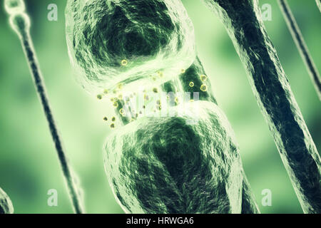 Les signaux de transmission des neurones dans la tête sur fond bleu. Synapse. Le rendu 3D Banque D'Images