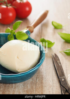 La mozzarella fraîche bio au basilic et les tomates dans une cuisine, selective focus Banque D'Images