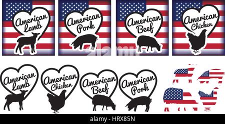 Ensemble de dessins à l'aide de drapeau américain et les animaux dans un motif coeur Illustration de Vecteur