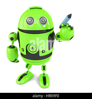 Robot vert mignon écrit avec un stylo. Isolé sur blanc. Contient clipping path Banque D'Images