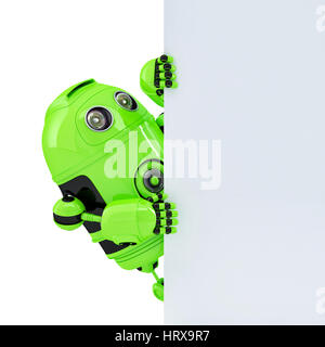 Robot-holding a blank banner with copyspace. Isolé sur blanc. Contient clipping path Banque D'Images