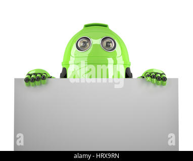 Robot vert avec ouverture vierge. Isolé sur blanc. Contient clipping path Banque D'Images