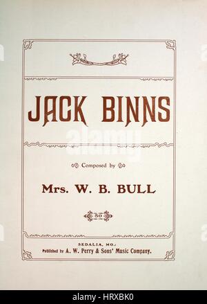 Sheet Music image de couverture de la chanson 'Jack Binns', avec une œuvre originale lecture notes '[mots par] Prof T Berry Smith composé par Mme WB Bull', 1909. L'éditeur est répertorié comme "A.W. Perry et fils' Music Company), la forme de la composition est "avec chœur trophique', l'instrumentation est 'piano et voix", la première ligne se lit "il y a un trou dans le flanc du navire 'Jack Binns'', et l'illustration artiste est répertorié comme 'Aucun'. Banque D'Images