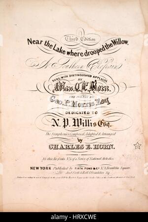 Sheet Music image de couverture de la chanson 'près du lac où pendait le Willow A Southern s'abstenir Troisième Édition', avec l'auteur original "Lecture notes la poésie par Geo P Morris, Esq Les Symphonies composées, adapté et organisé par Charles E Corne NB cette forme de l'air No 1 d'une série de mélodies nationales', United States, 1839. L'éditeur est répertorié comme 'Firth, étang et Co., No 1 Franklin Square', la forme de composition trophique', 'est l'instrumentation est 'piano et voix", la première ligne se lit 'près du lac, où l'abaissement du saule, il y a longtemps !", et l'illustration est répertorié comme artiste Banque D'Images