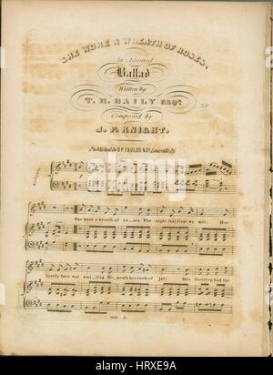 Image de couverture partitions de la chanson 'Sil portait une couronne de roses une ballade admiré', avec l'auteur original "Lecture notes Écrit par TH Baily, Esqr composé par JP Knight', 1900. L'éditeur est répertorié comme 'D.P. Faulds et Co.', la forme de composition trophique', 'est l'instrumentation est 'piano et voix", la première ligne se lit "elle portait une couronne de roses, la nuit que nous avons d'abord rencontré', et l'illustration artiste est répertorié comme 'O. Des bois. Banque D'Images