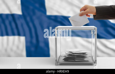 Voter sur une levée de fond du drapeau de la Finlande. 3d illustration Banque D'Images